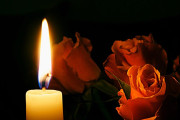 На темному тлі горить біла свічка, поруч – дві троянди помаранчевого кольору.